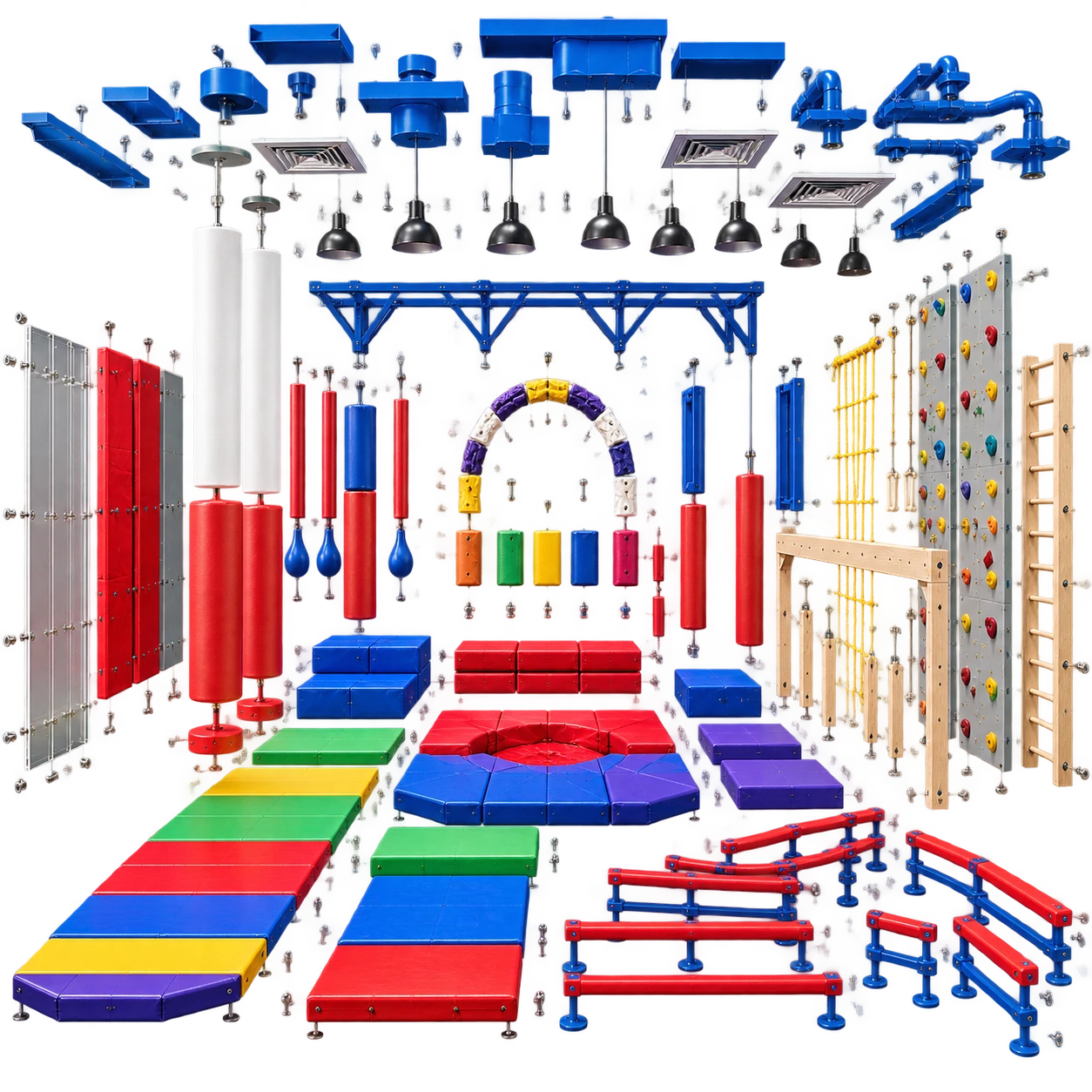 Exploded view of Moon Kids safety padding components: wall pads, column wraps, floor mats and climbing elements